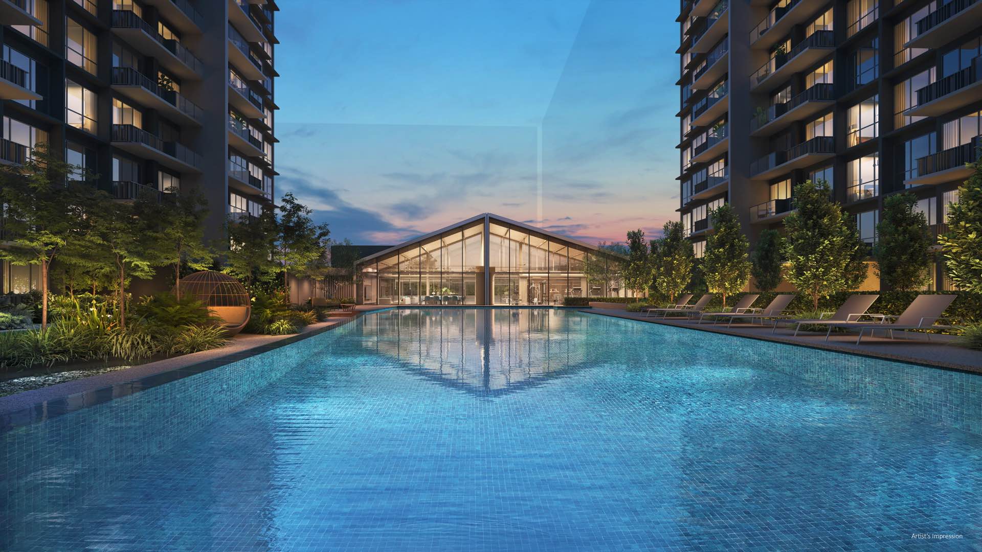 Developer render of the lap pool and glass pavilion at dusk