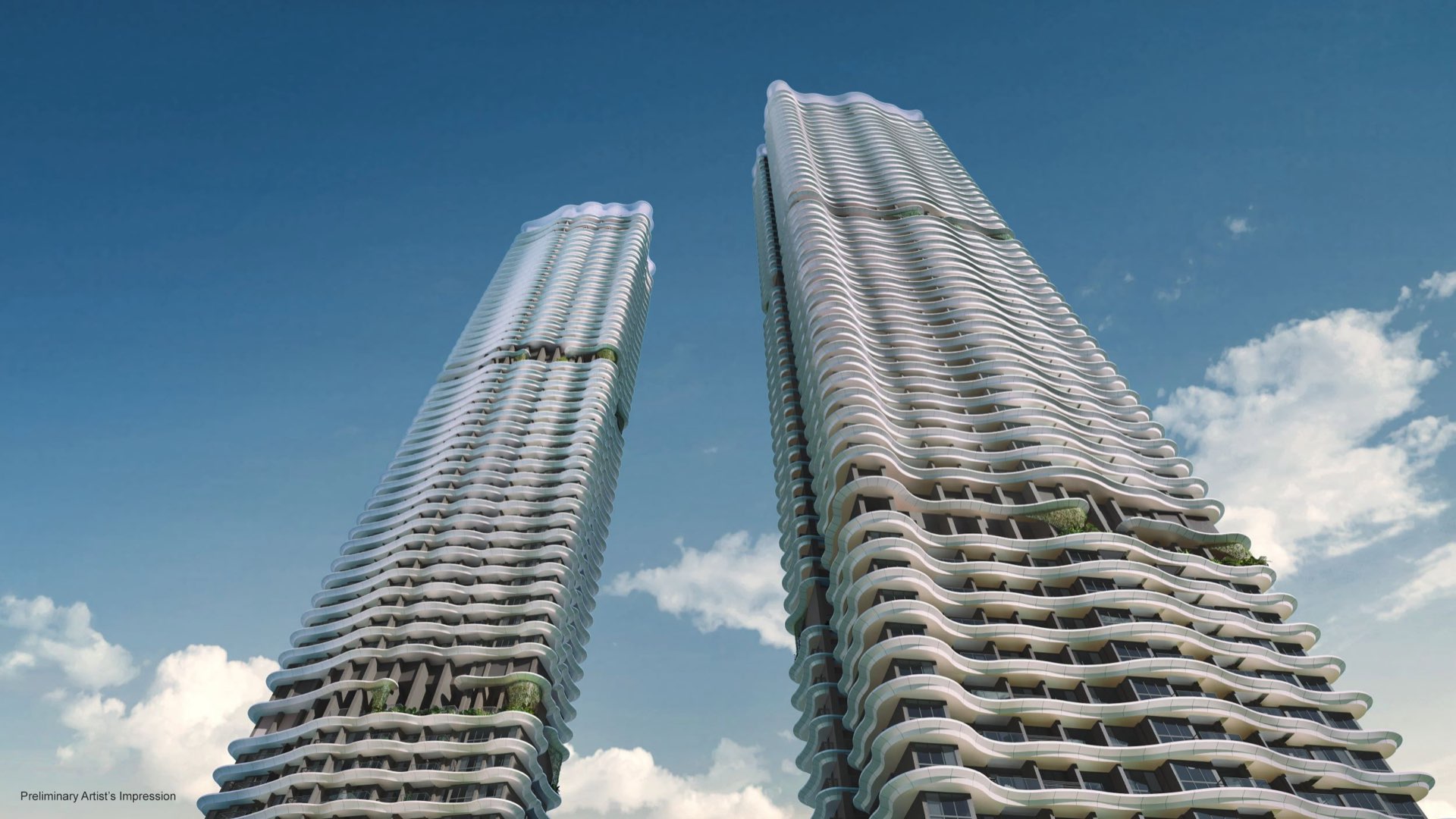 Developer render looking up at the two Zyon Grand towers against a clear sky, their balcony bands stacked in a continuous wave