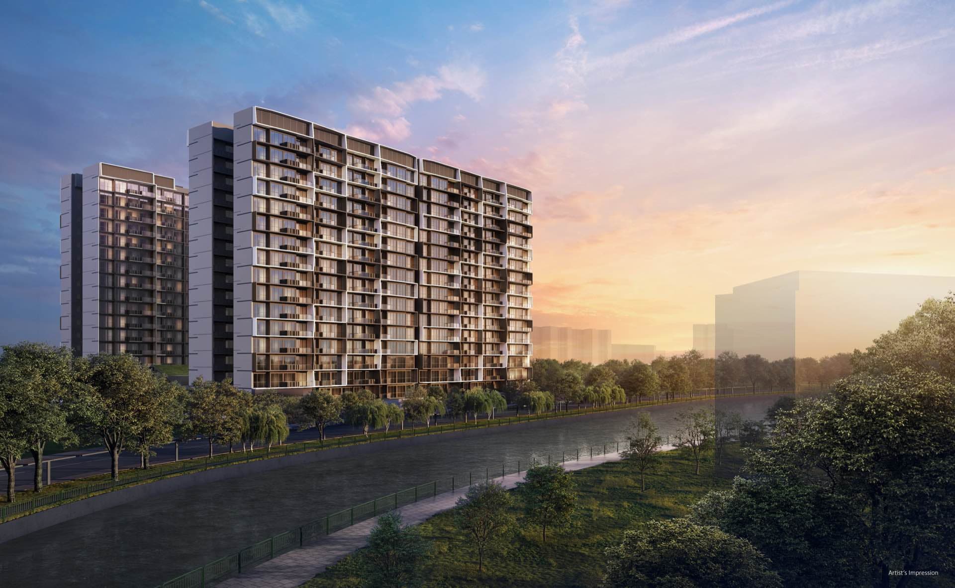 Developer render of the residential blocks beside the waterway at sunset