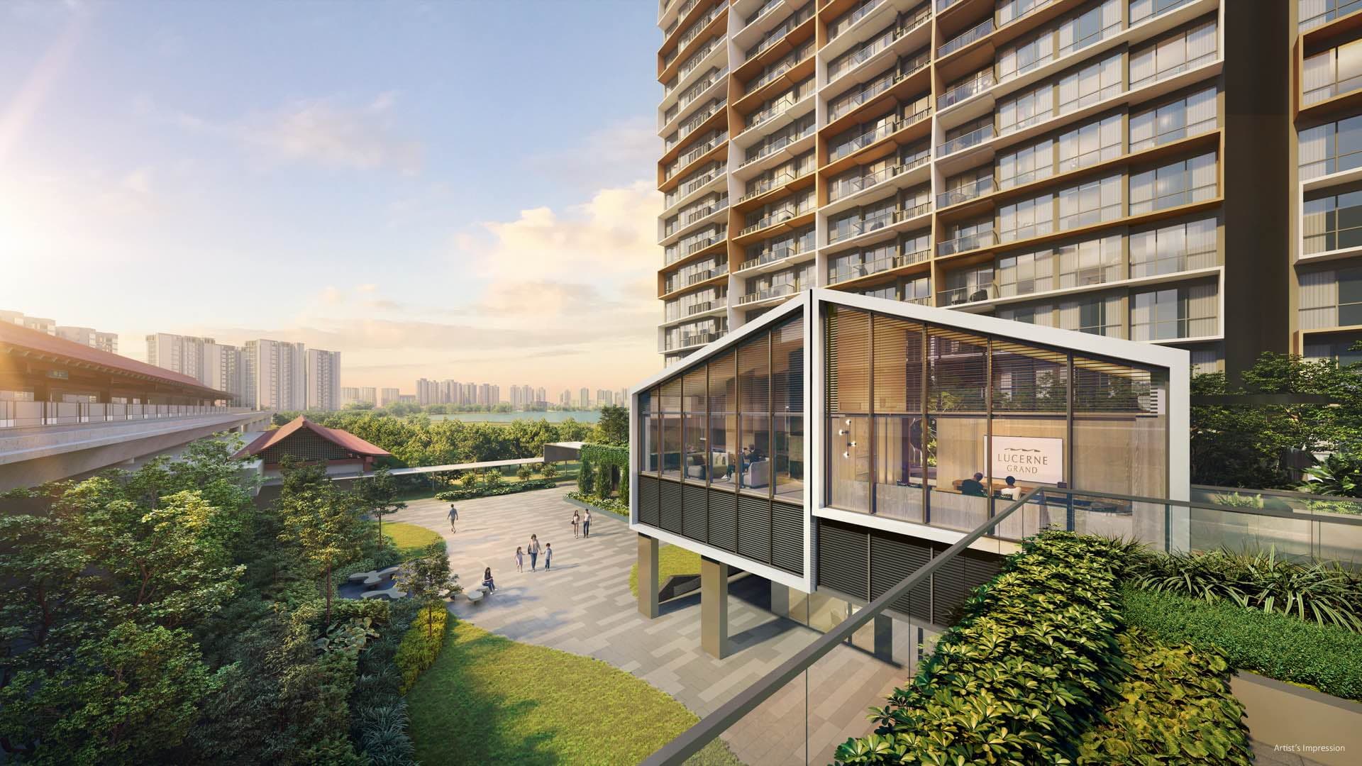 Developer render of the glass pavilion over the landscaped deck, beside the MRT viaduct