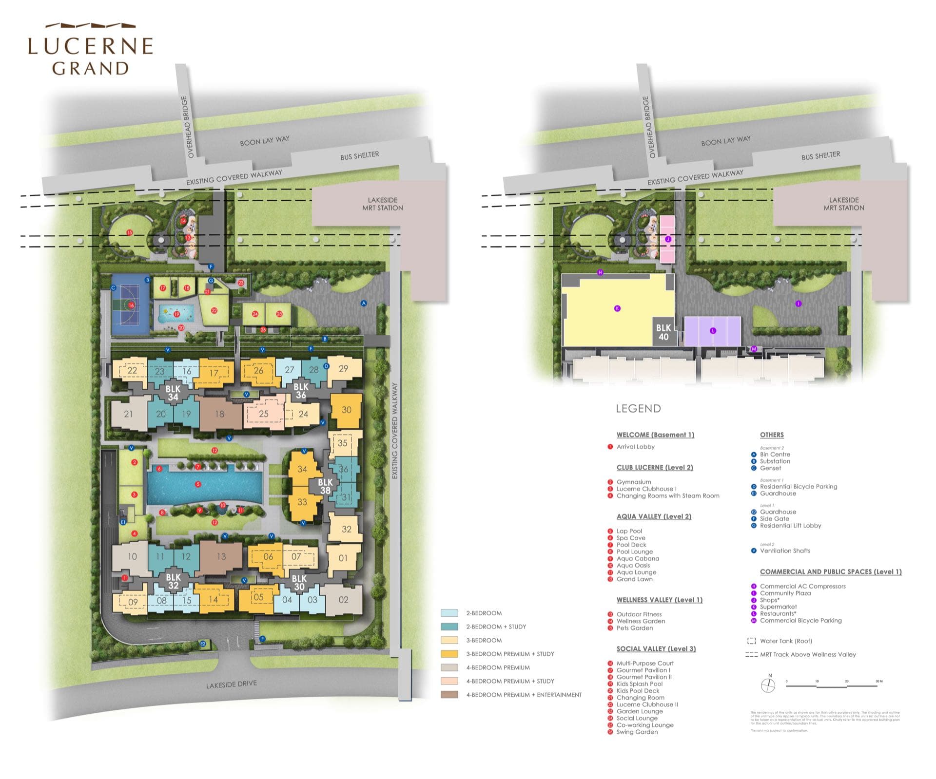 Illustrated site plan of Lucerne Grand with Blocks 30 to 38, the Lucerne Galleria and the level 1 to 3 facilities marked